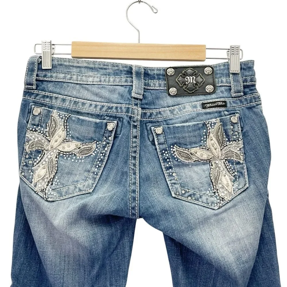 Miss Me Bermuda Shorts Size 26 Embellished Cross Pockets Stretch Denim JE5837M